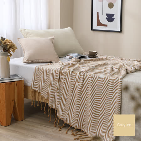 Cozy inn♒極簡人字紋流蘇萬用針織毯-卡其